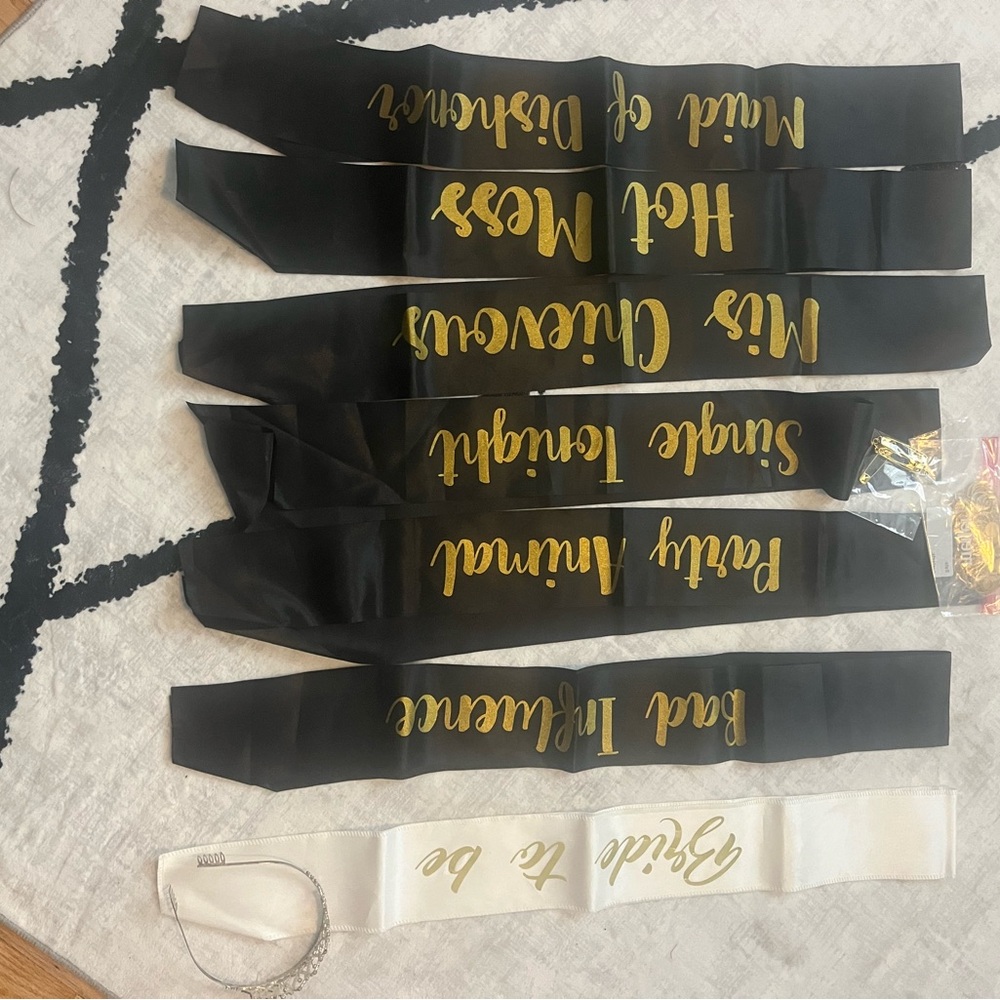 Bridal Party Satin Sashes in Black and White with Gold Script